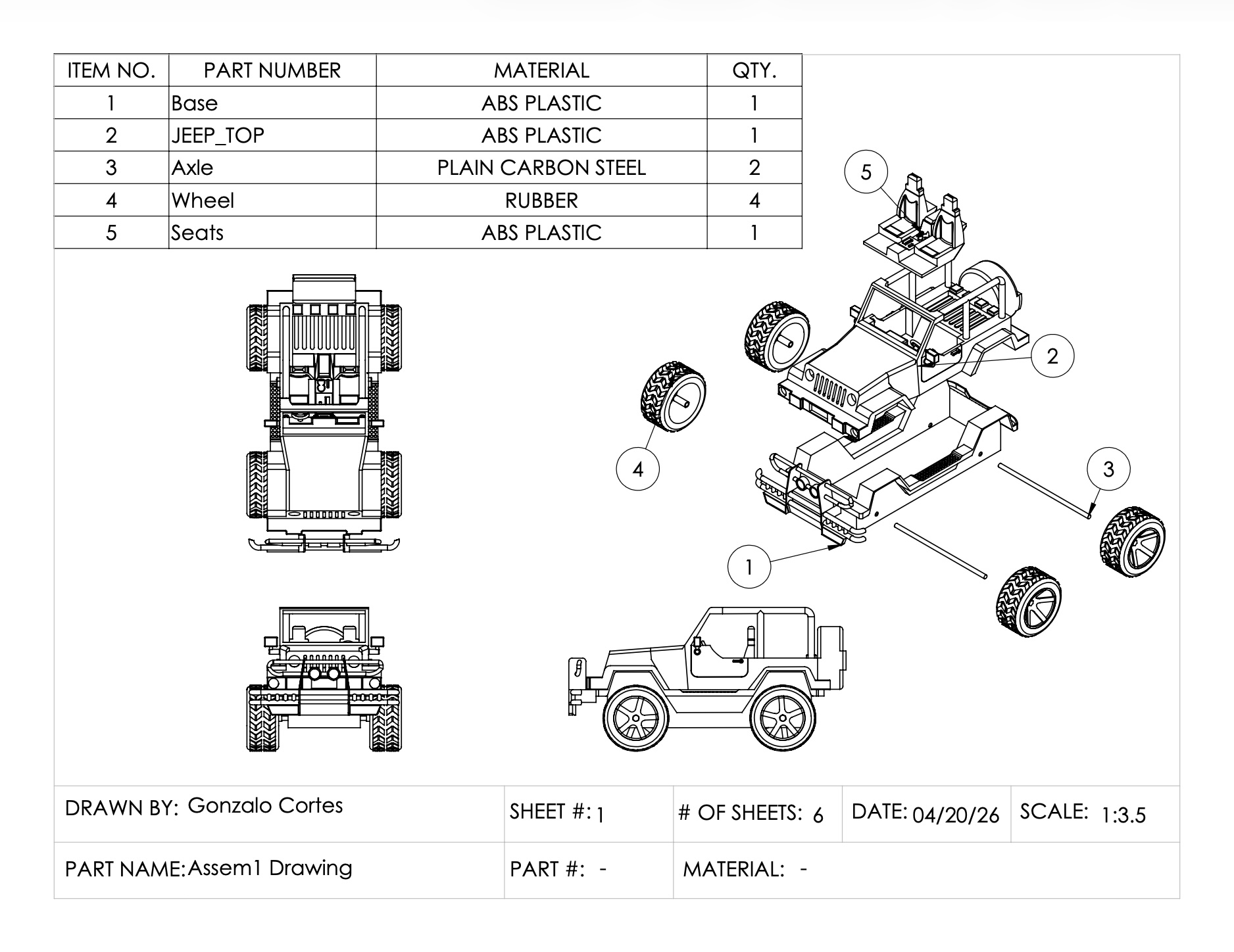 Exploded assembly engineering drawing with bill of materials